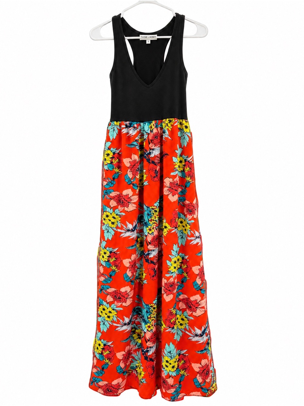 Sleeveless Black Bodice Red Floral Maxi Dress